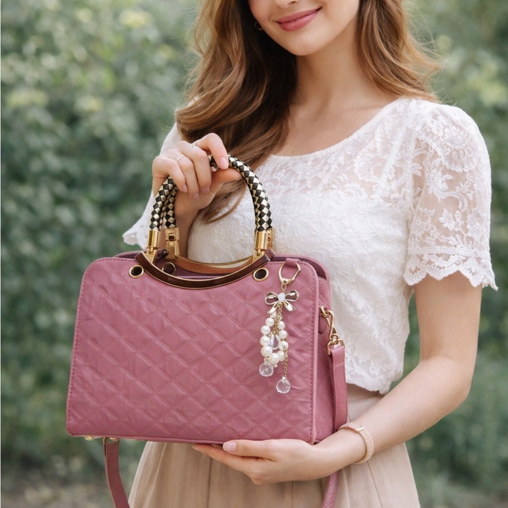 Elegant Quilted Pink Satchel Handbag with Pearl Bow Charm